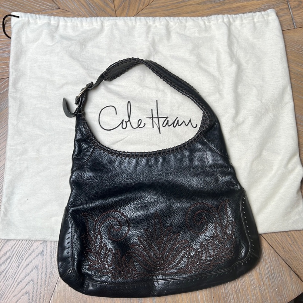 Colehaan Black Pebble Leather Hobo with Brown Embroidery